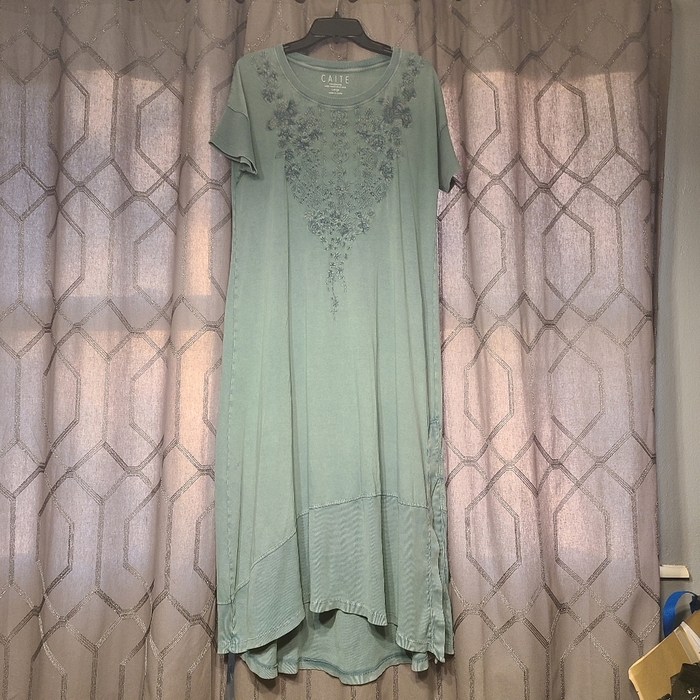 Caite Sea Foam Green Embroidered T Shirt Maxi Dress L